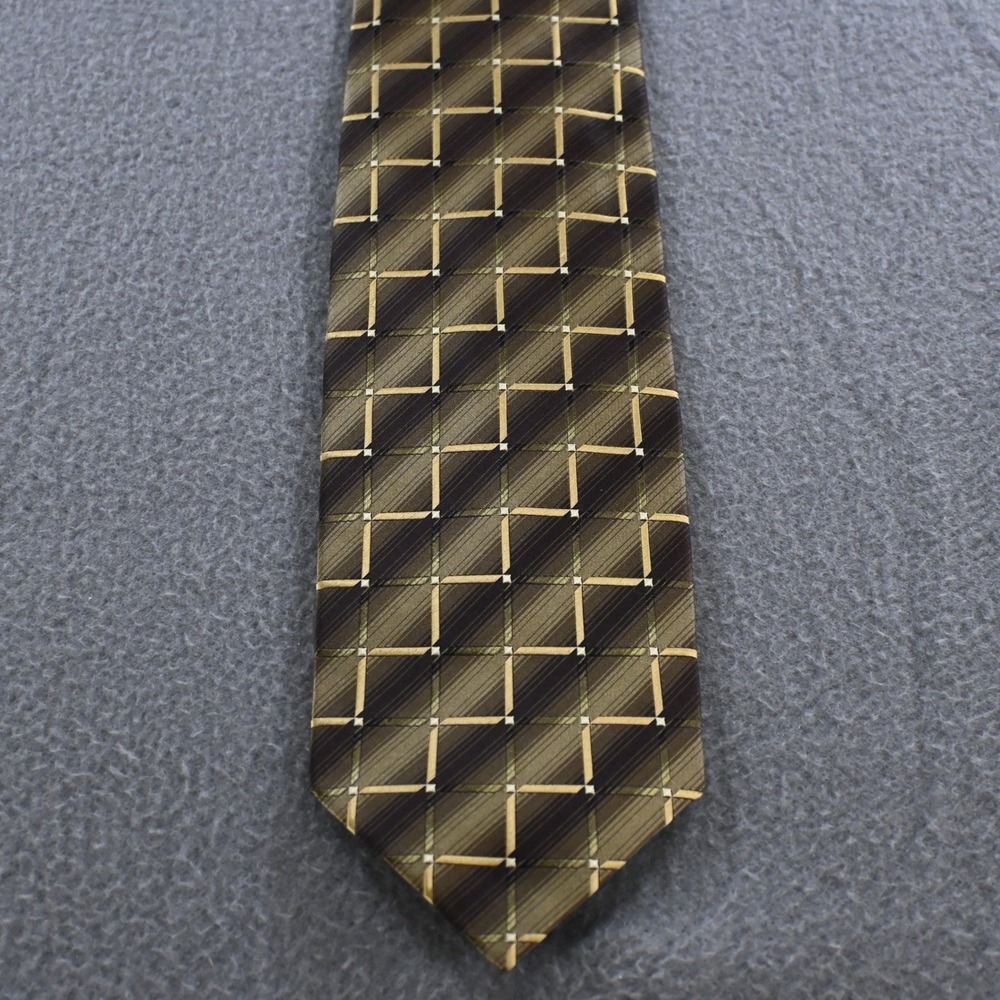 Roberto Villini Mens Collezione Geometric Plaid Silk Necktie OS Brown Gold